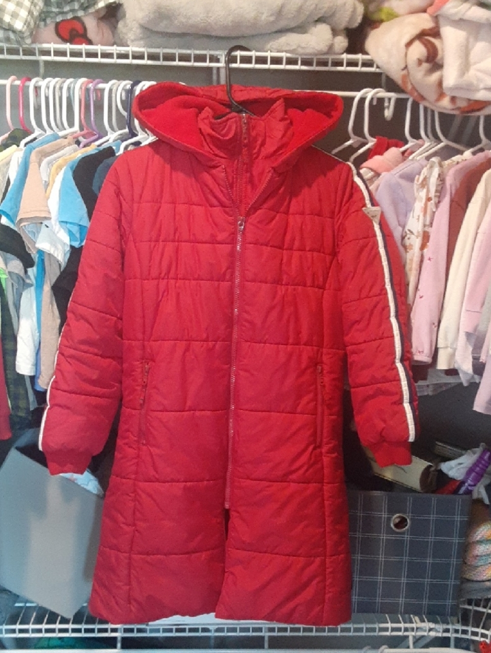 London Fog Red Hooded Girls' Puffer Coat with White Stripe
